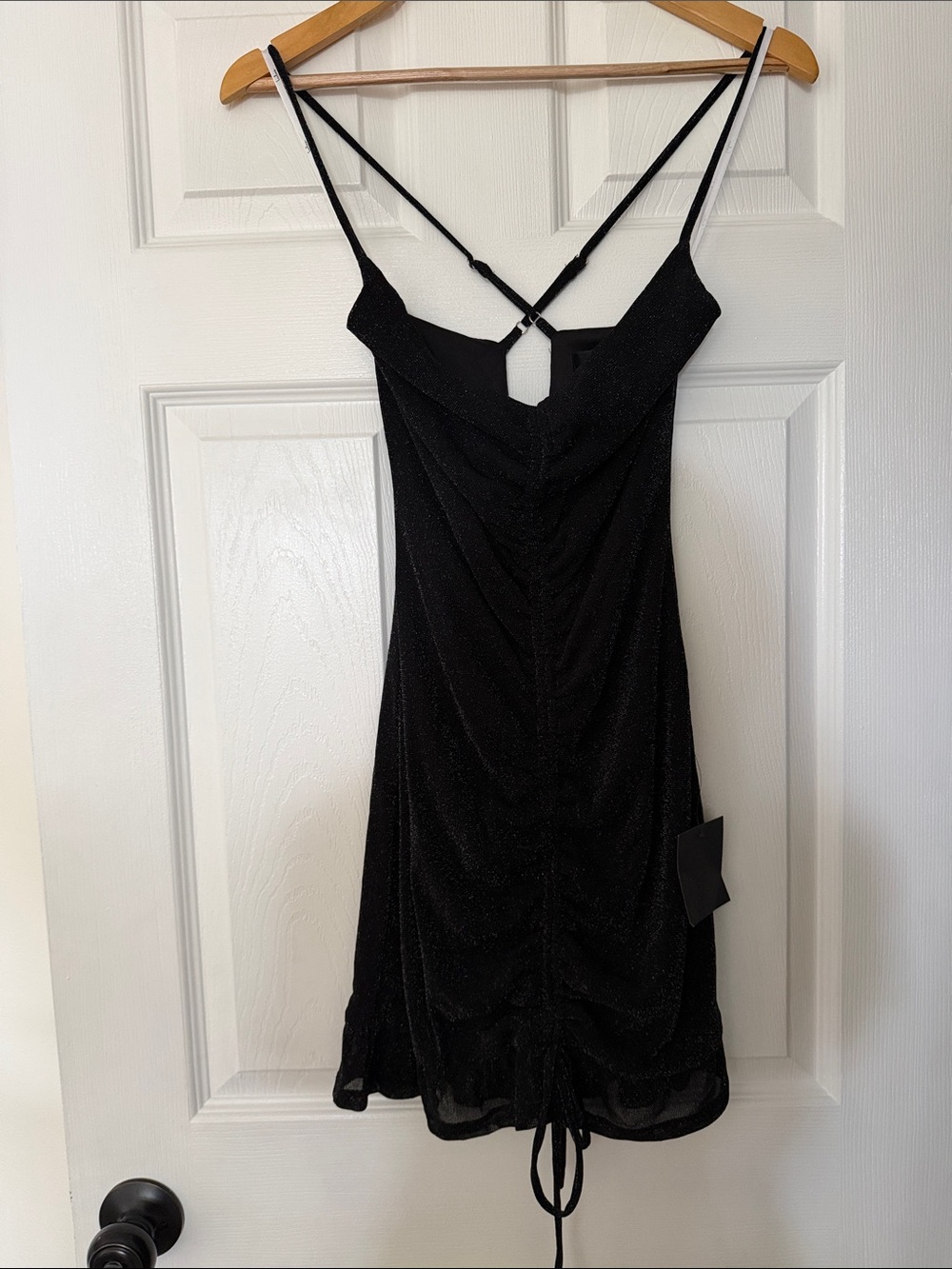 Lulu's Black Sparkle Ruched Mini Dress with Double Straps